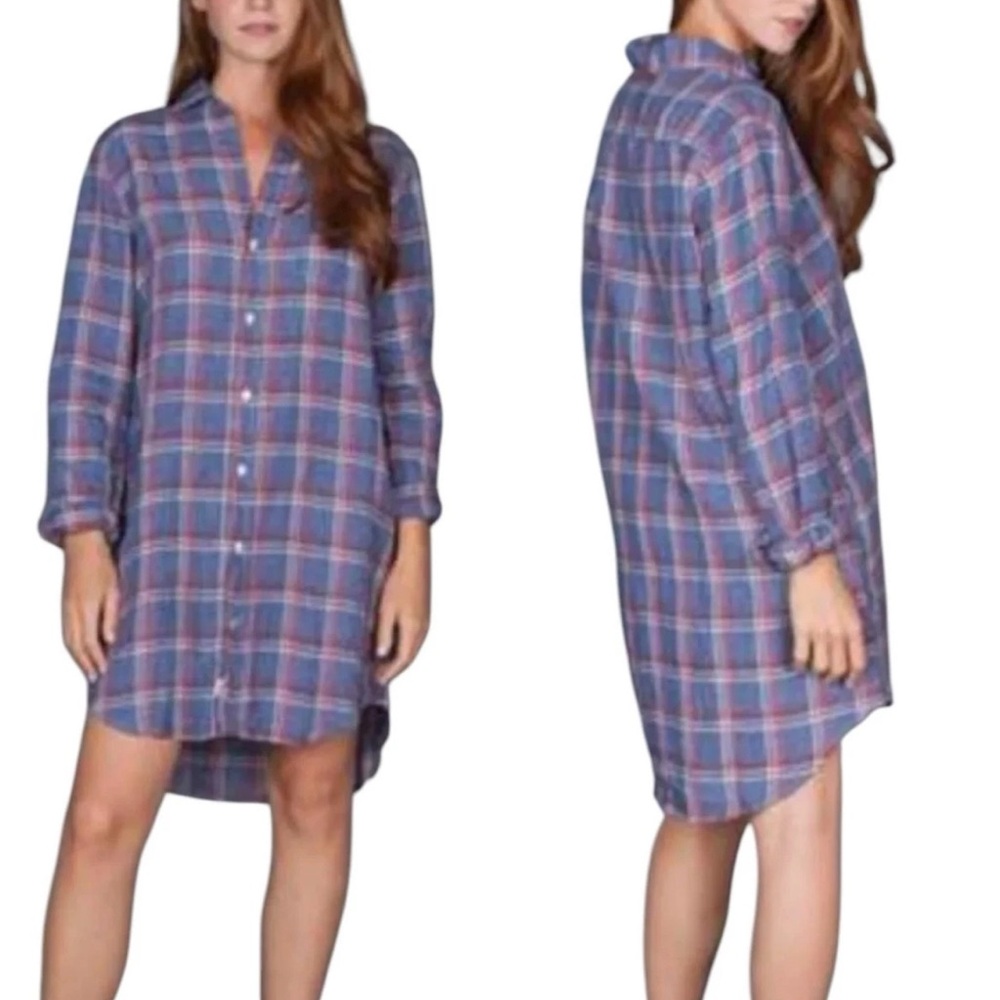 FRANK & EILEEN Mary Classic Red White & Blue Plaid Linen Shirtdress  Large